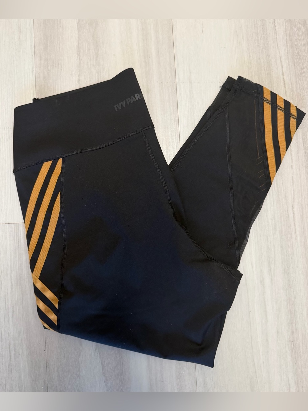 NWT IVY PARK Adidas Black Leggings with Gold Stripe Accents